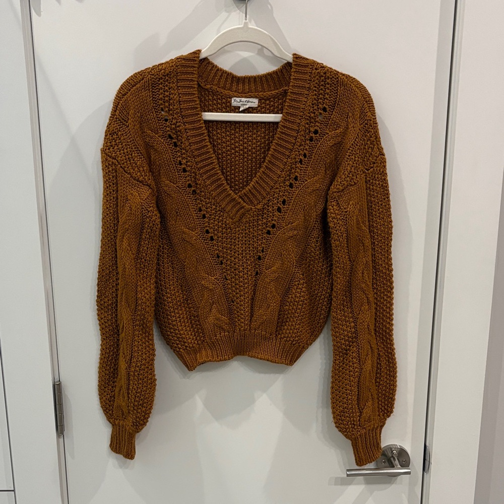 For Love and Lemon Cable Knit V-Neck Sweater - Camel Brown